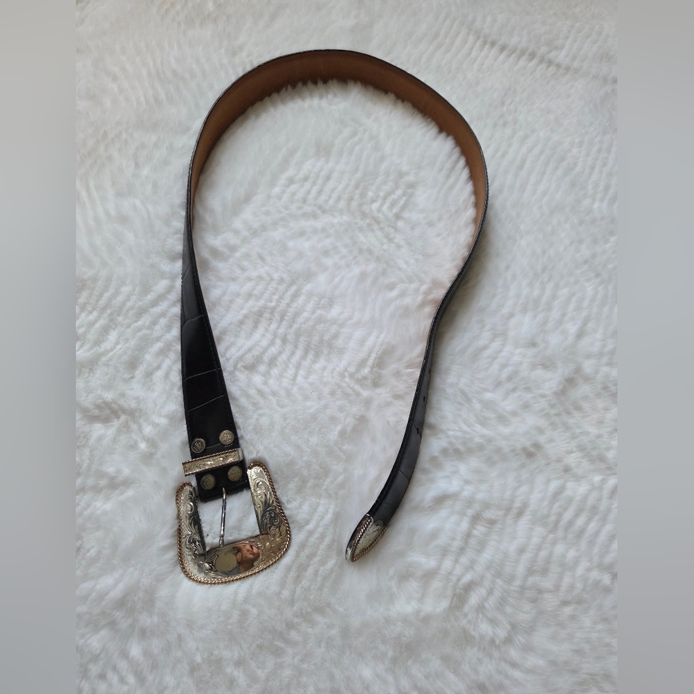 Al Beres  Black Leather Belt with Ornate Silver Buckle Size 36